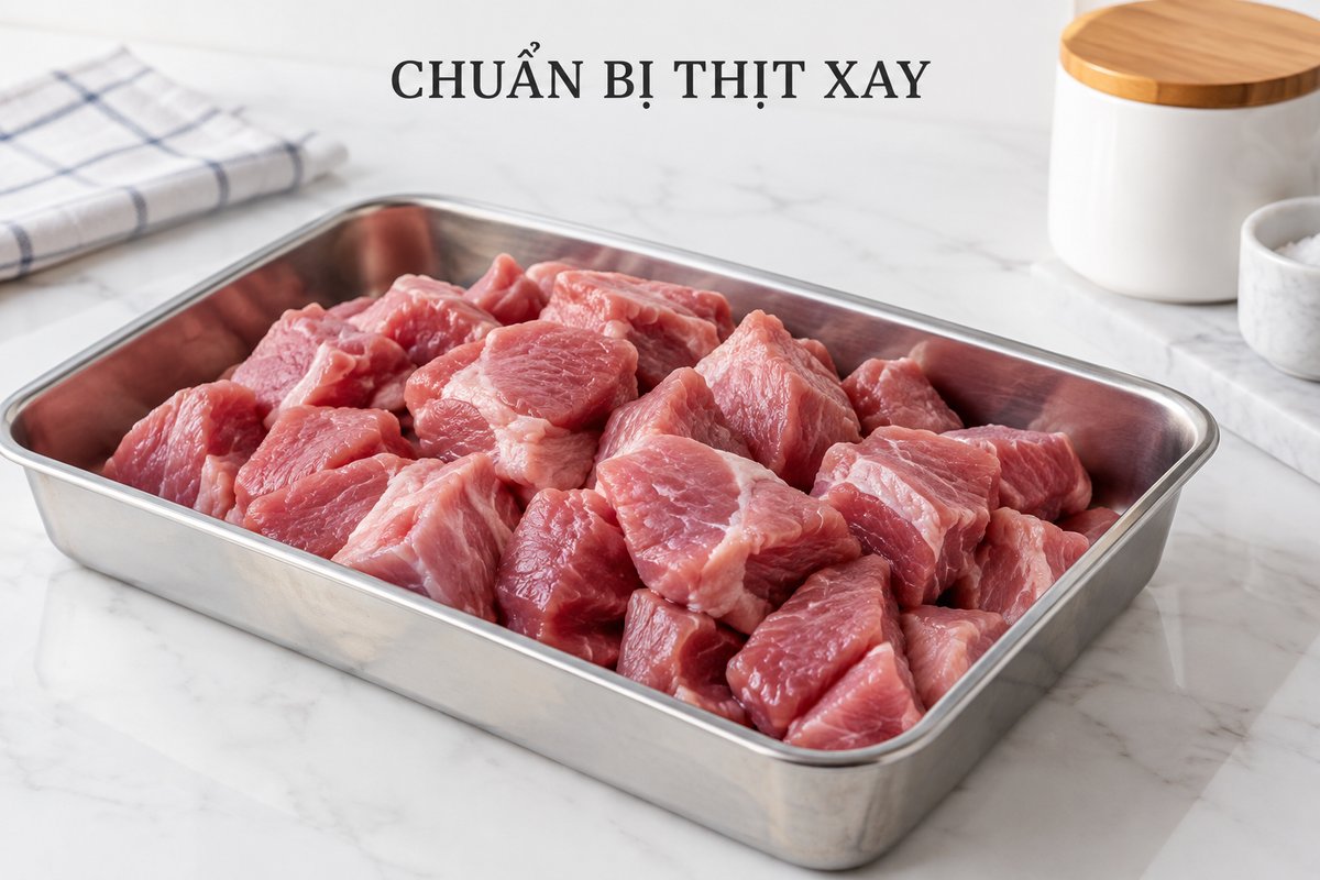 Nguyên liệu thịt chia miếng trên bàn sơ chế