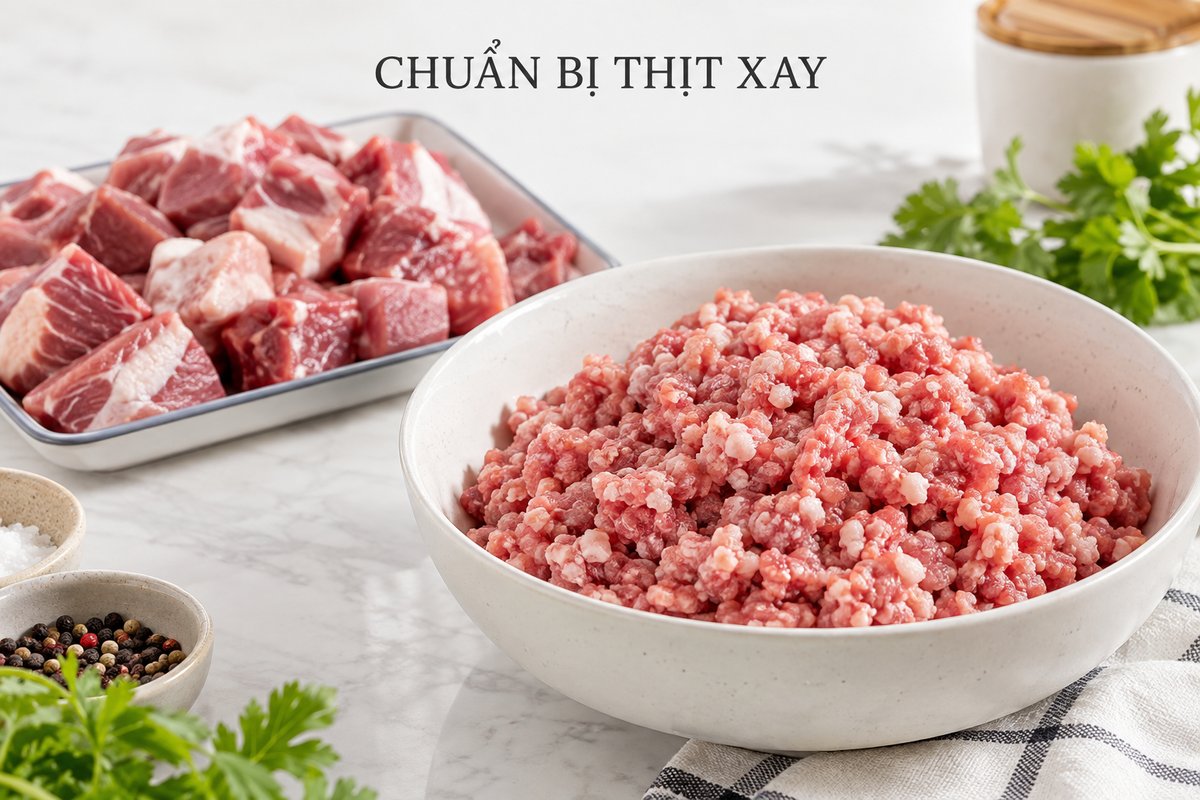 Thịt xay và nguyên liệu chuẩn bị trong khay riêng