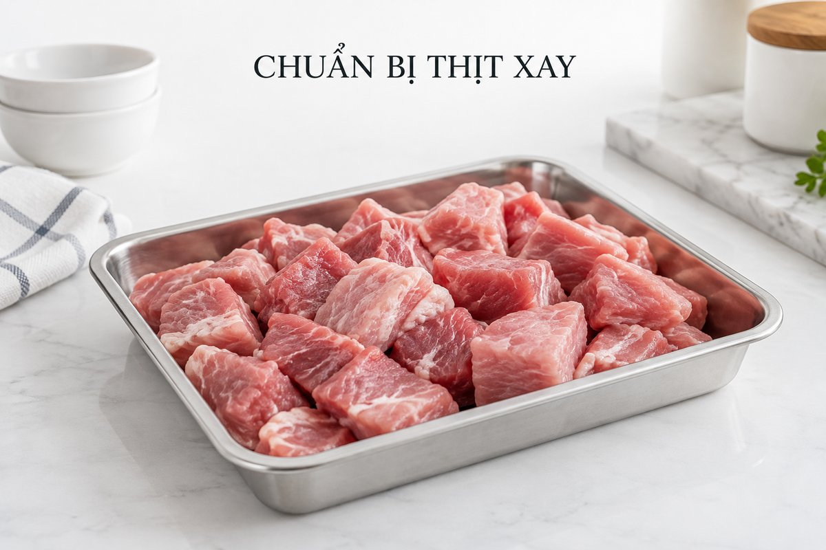 Nguyên liệu thịt chia miếng trên bàn sơ chế