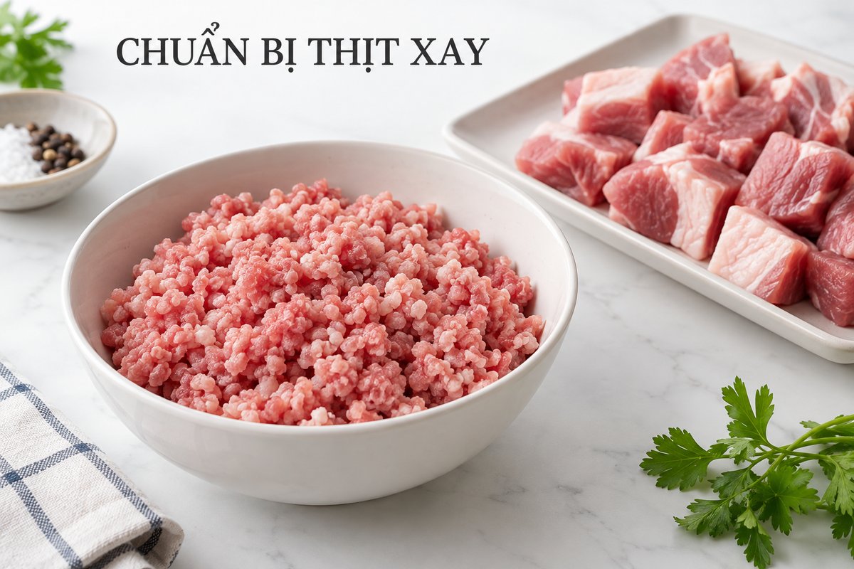 Thịt xay và nguyên liệu chuẩn bị trong khay riêng