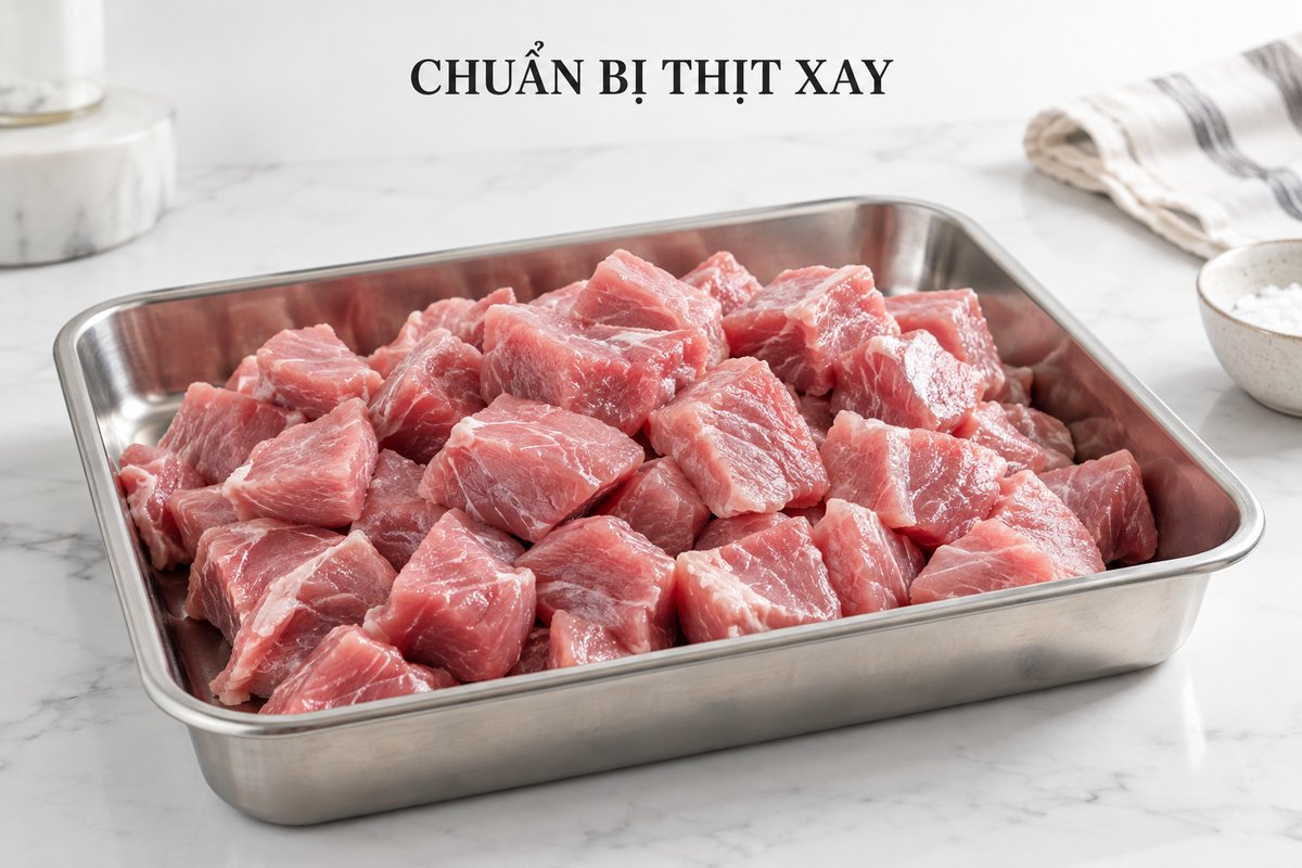 Nguyên liệu thịt chia miếng trên bàn sơ chế