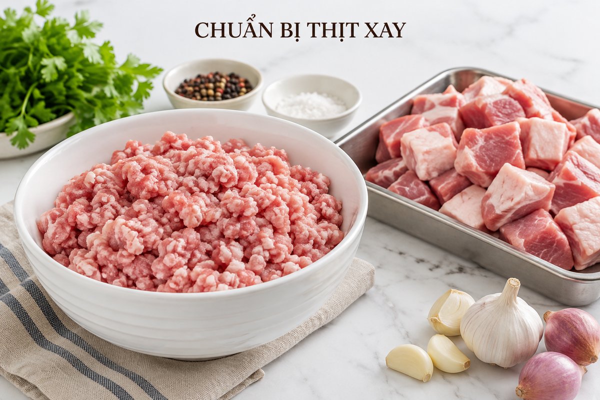Thịt xay và nguyên liệu chuẩn bị trong khay riêng