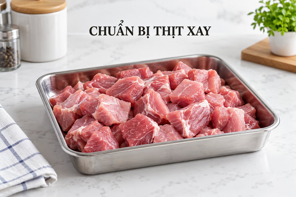Nguyên liệu thịt chia miếng trên bàn sơ chế