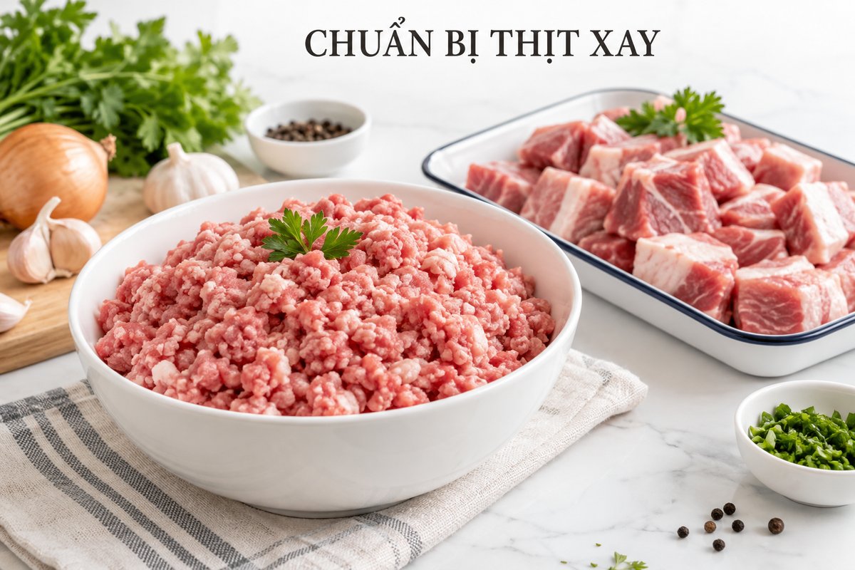 Thịt xay và nguyên liệu chuẩn bị trong khay riêng