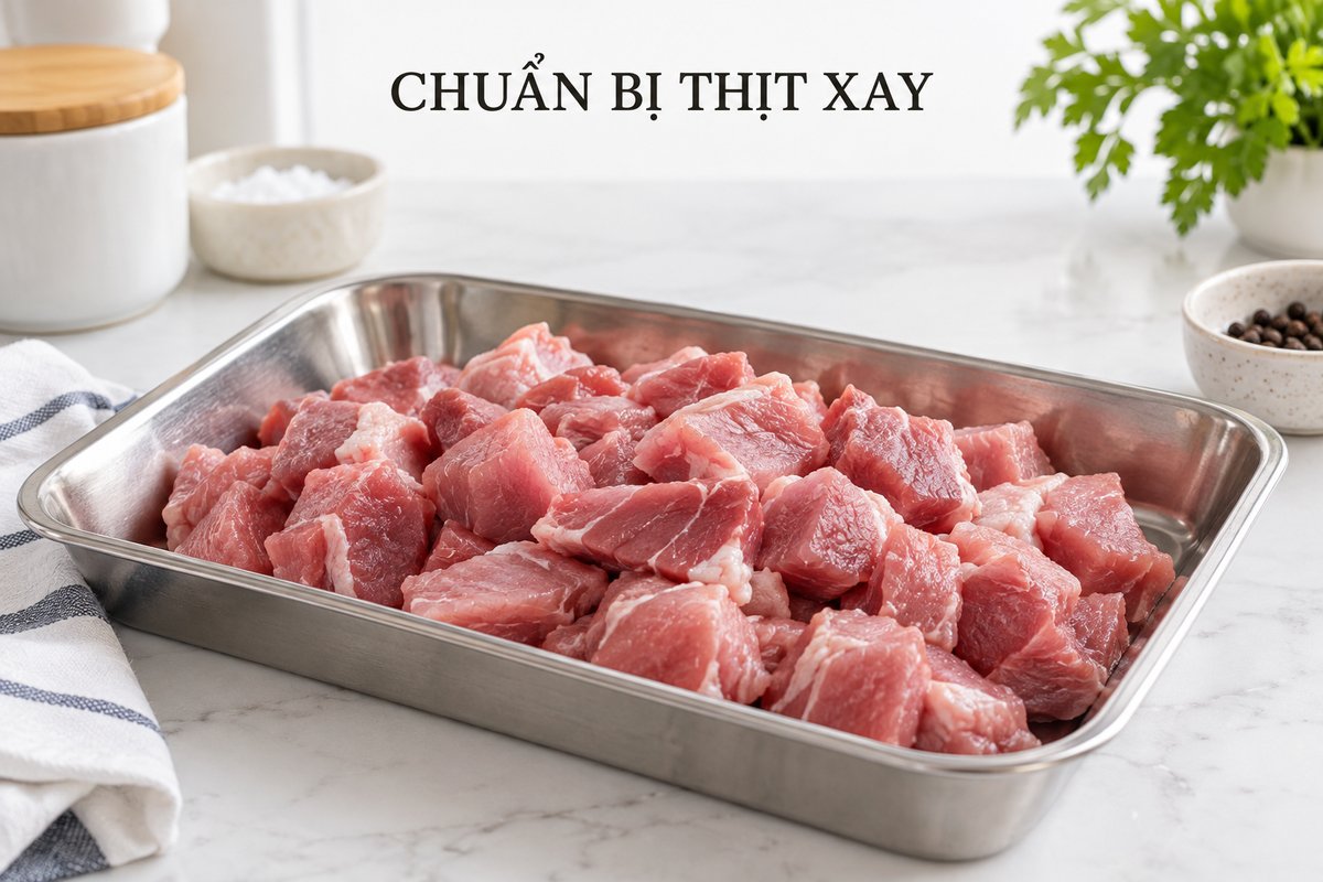 Nguyên liệu thịt chia miếng trên bàn sơ chế