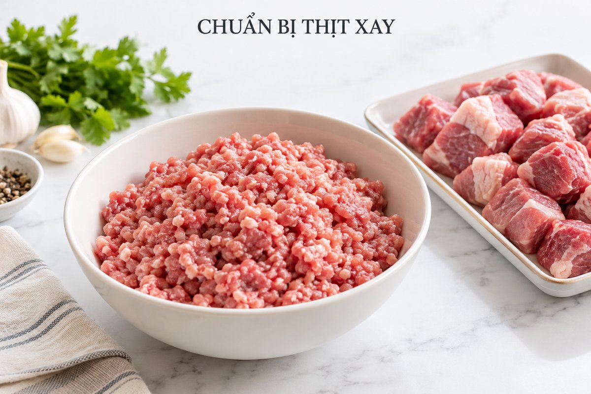 Thịt xay và nguyên liệu chuẩn bị trong khay riêng
