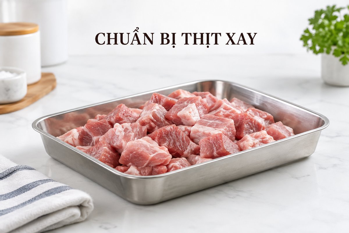 Nguyên liệu thịt chia miếng trên bàn sơ chế