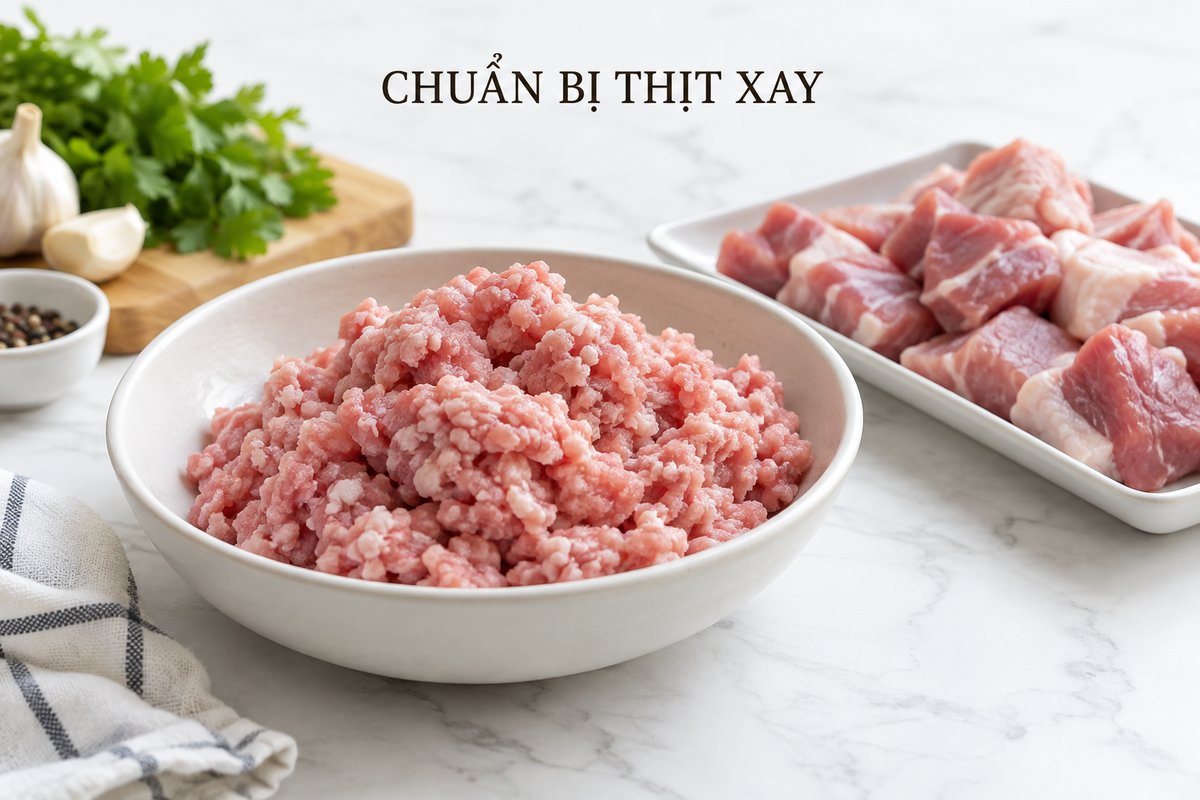 Thịt xay và nguyên liệu chuẩn bị trong khay riêng