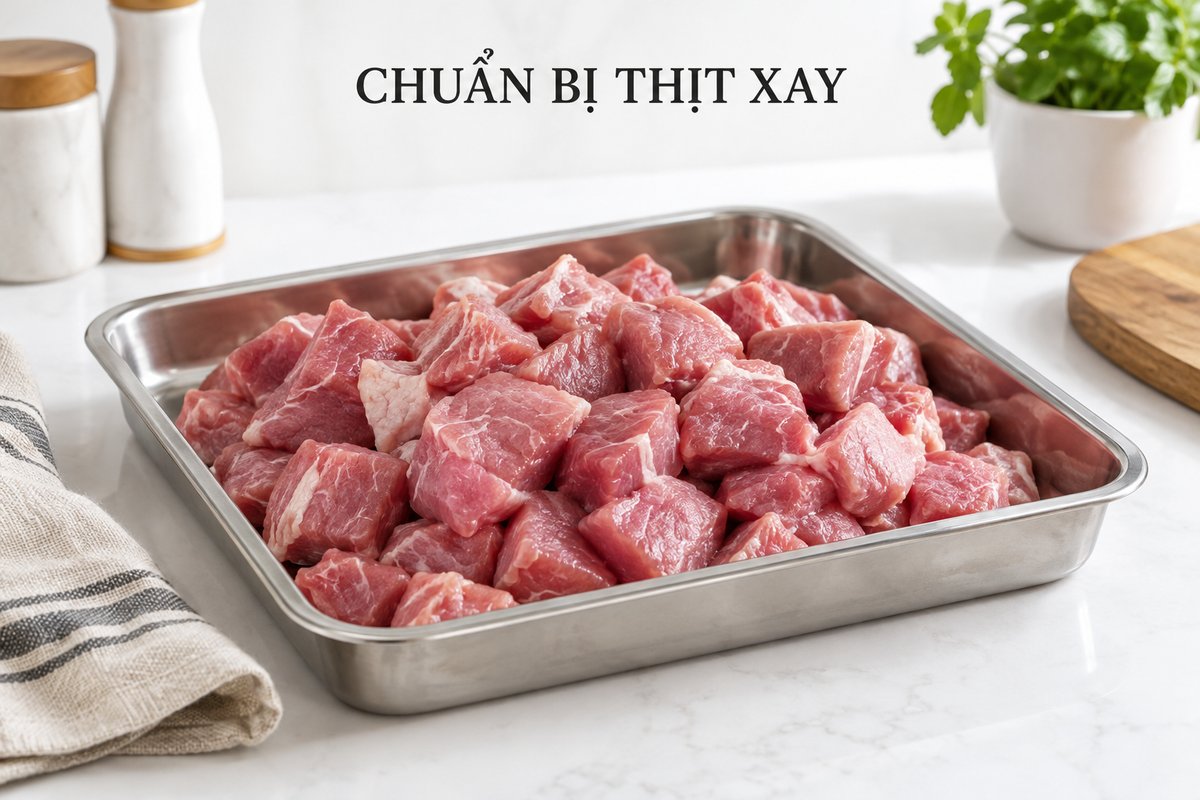 Nguyên liệu thịt chia miếng trên bàn sơ chế