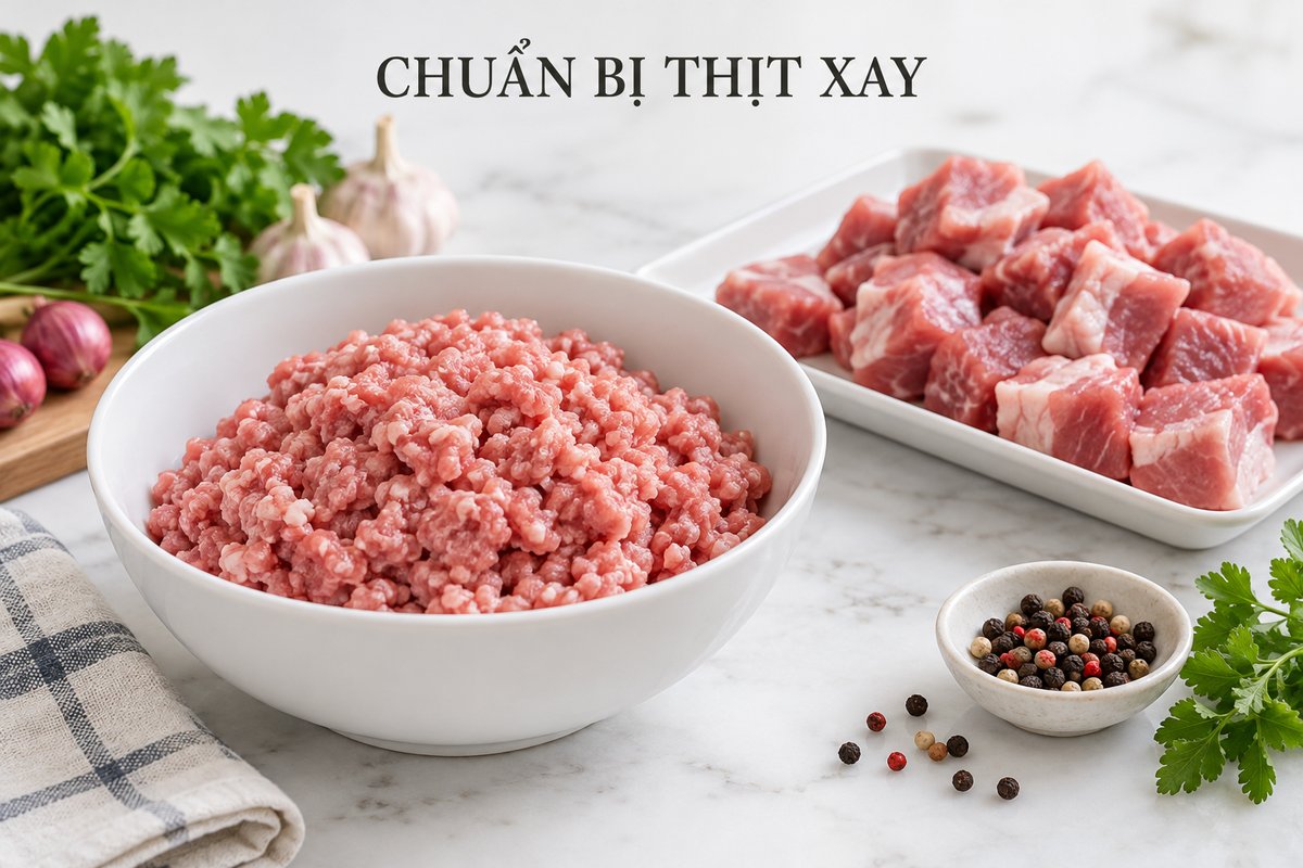 Thịt xay và nguyên liệu chuẩn bị trong khay riêng