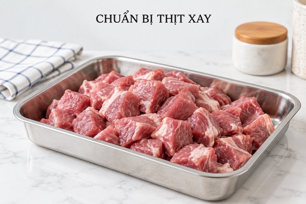 Nguyên liệu thịt chia miếng trên bàn sơ chế