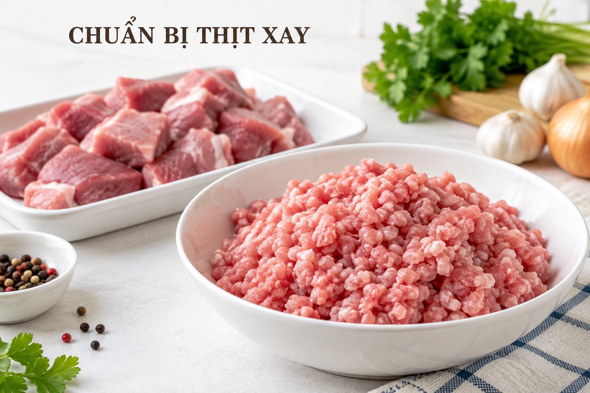 Thịt xay và nguyên liệu chuẩn bị trong khay riêng