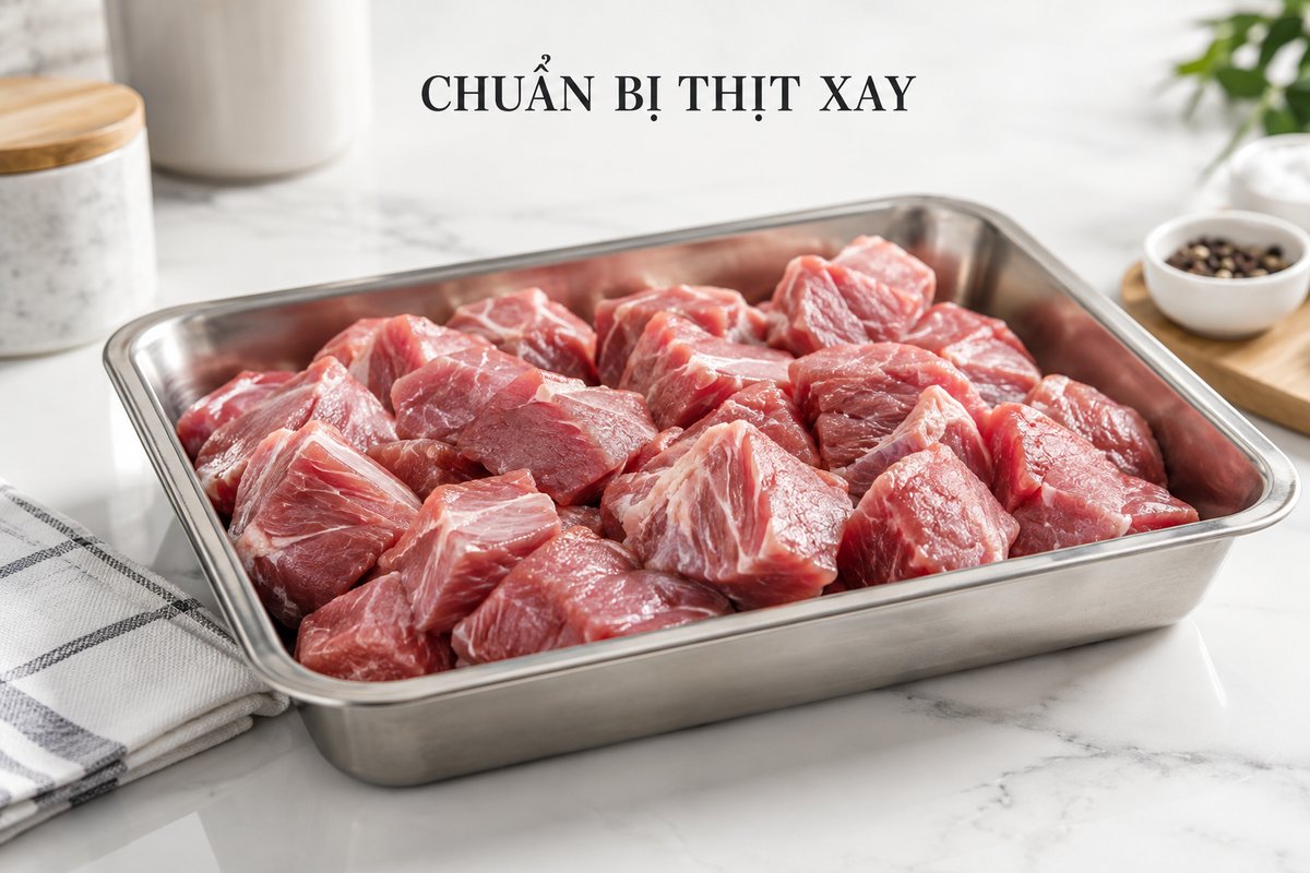 Nguyên liệu thịt chia miếng trên bàn sơ chế