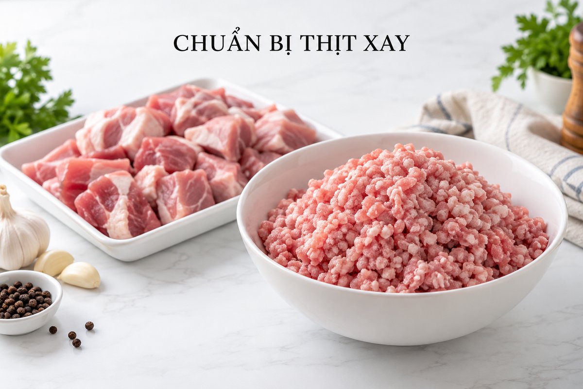 Thịt xay và nguyên liệu chuẩn bị trong khay riêng