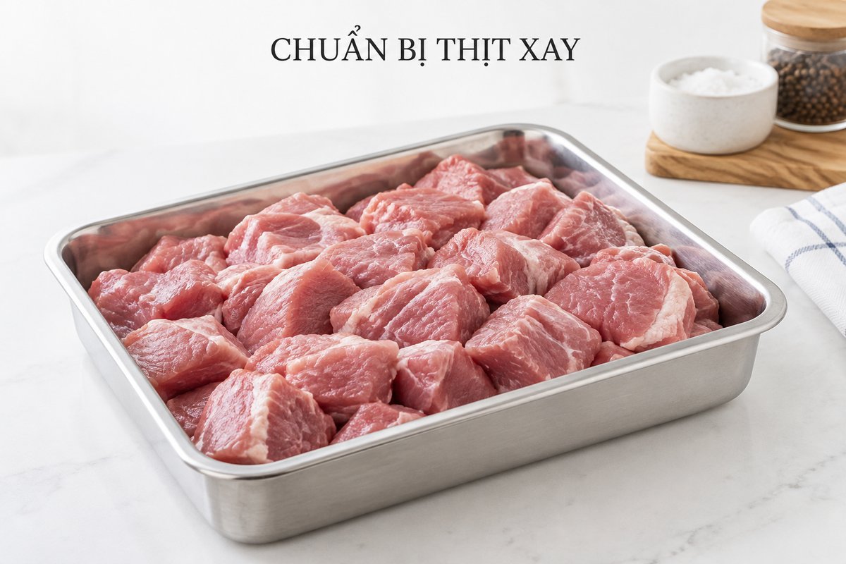 Nguyên liệu thịt chia miếng trên bàn sơ chế