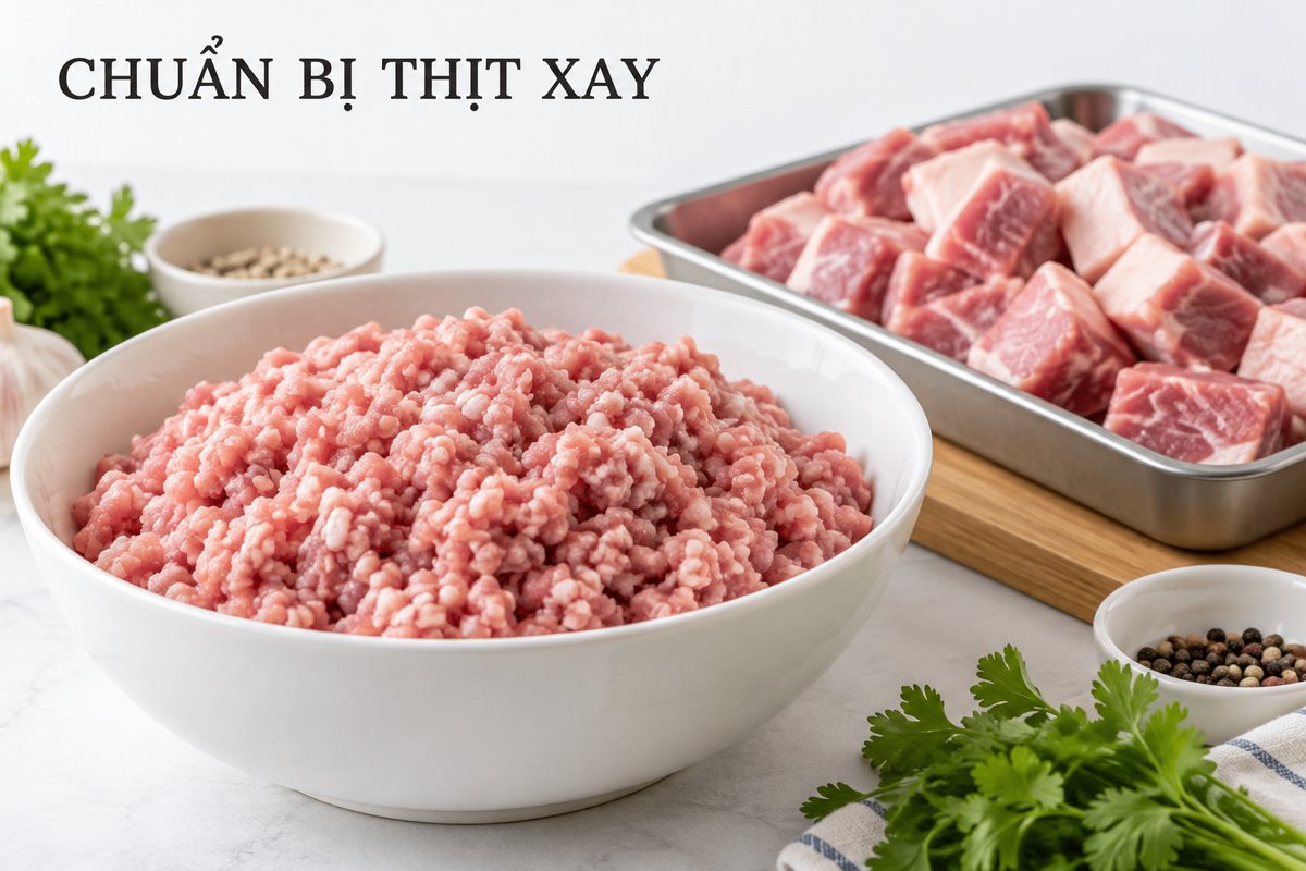 Thịt xay và nguyên liệu chuẩn bị trong khay riêng