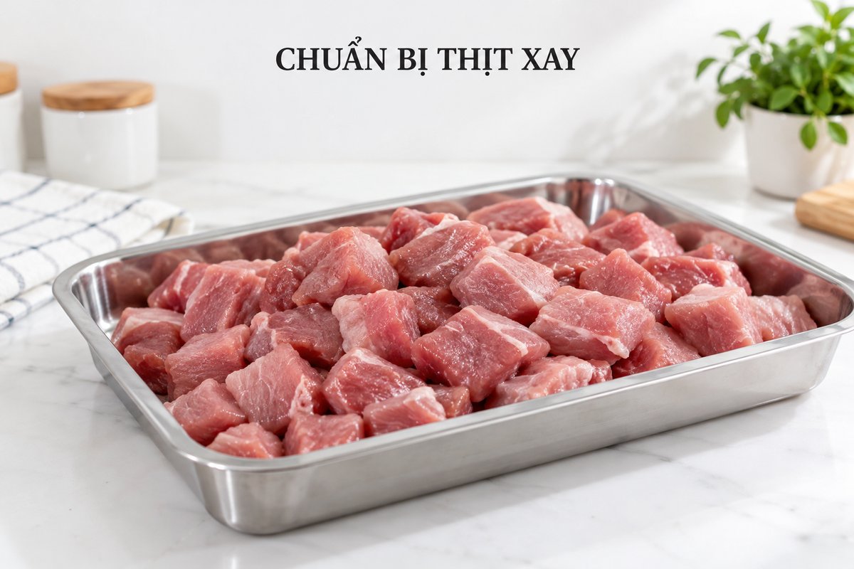 Nguyên liệu thịt chia miếng trên bàn sơ chế