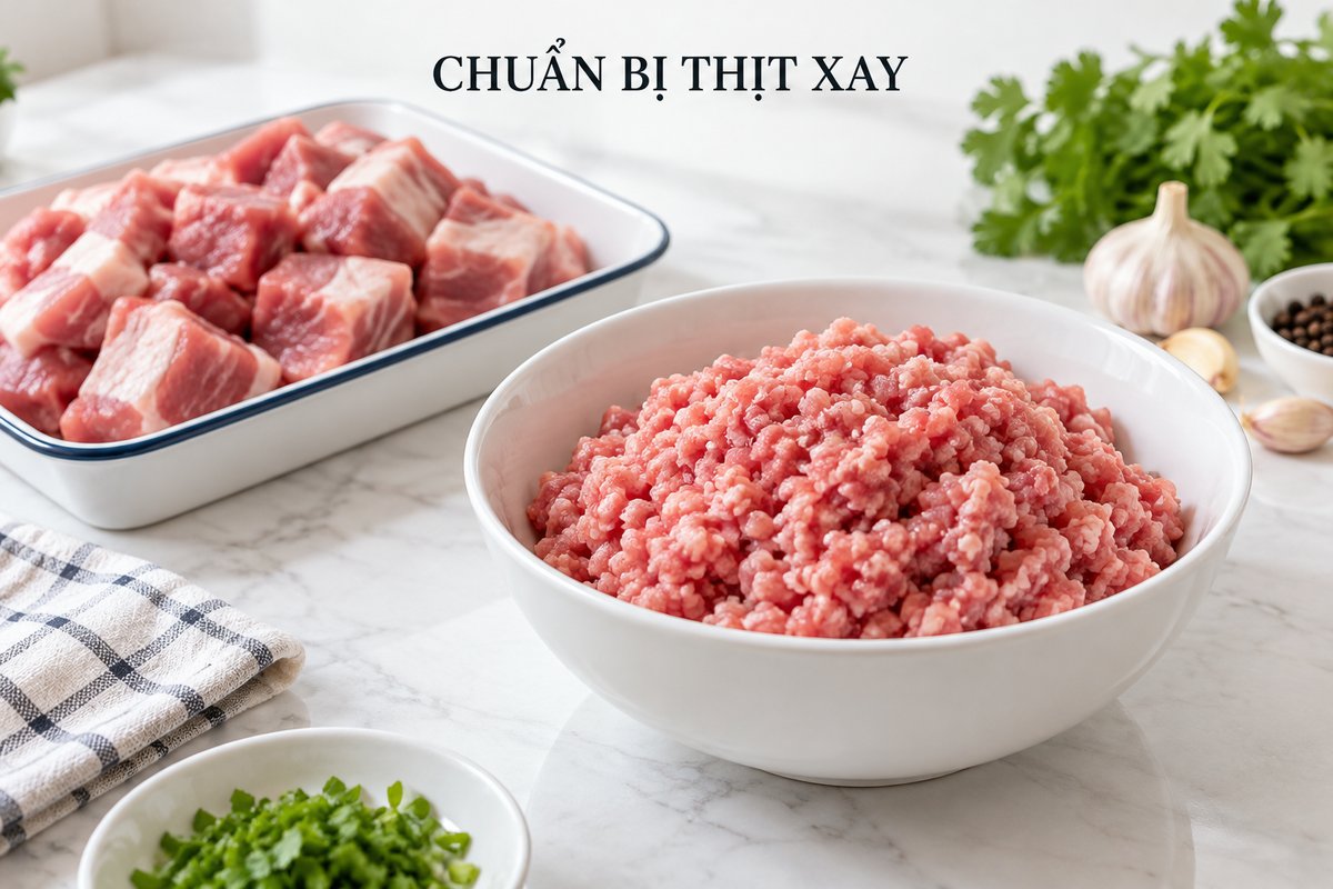 Thịt xay và nguyên liệu chuẩn bị trong khay riêng