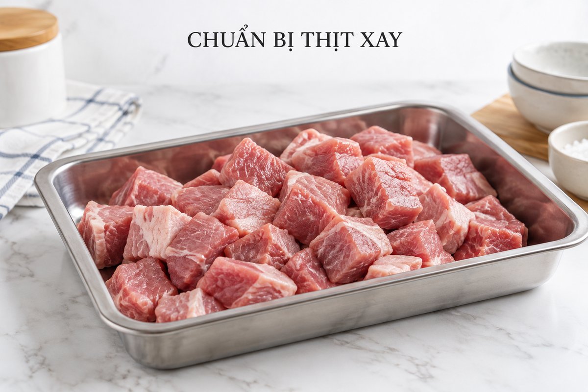 Nguyên liệu thịt chia miếng trên bàn sơ chế