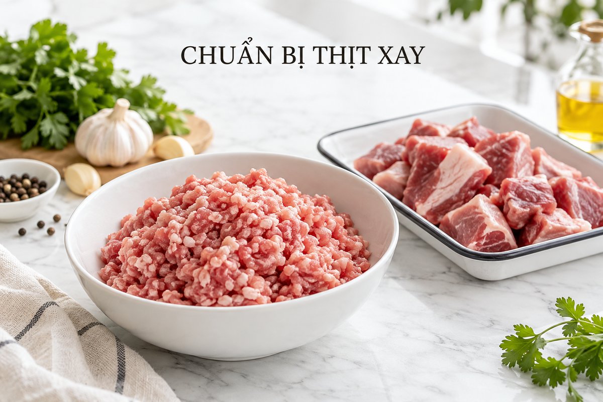 Thịt xay và nguyên liệu chuẩn bị trong khay riêng