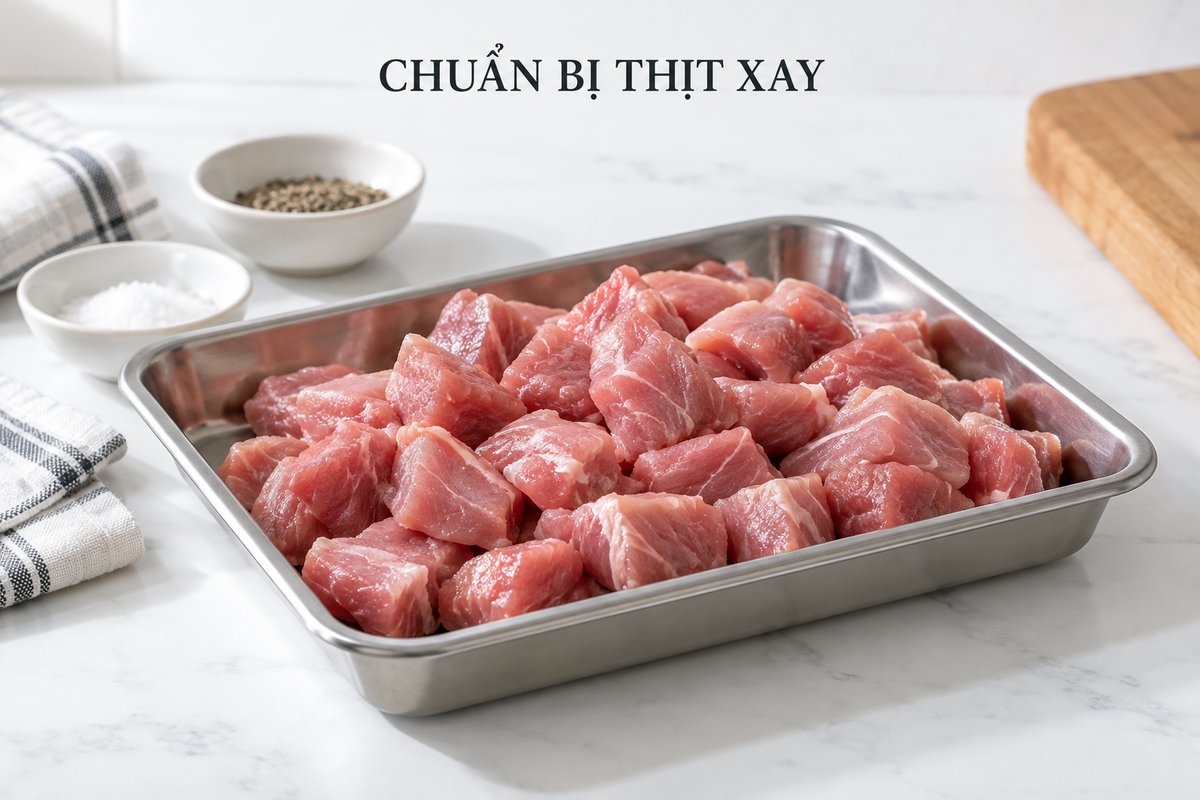 Nguyên liệu thịt chia miếng trên bàn sơ chế
