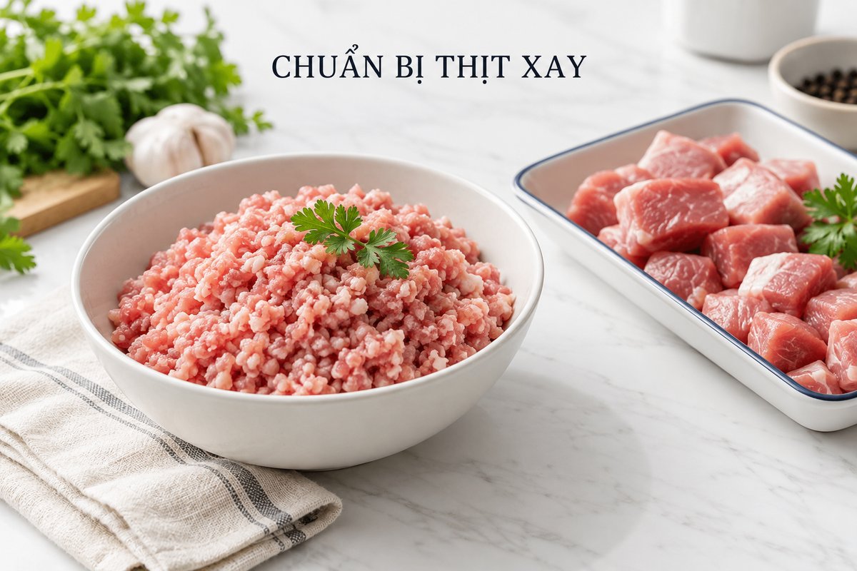 Thịt xay và nguyên liệu chuẩn bị trong khay riêng